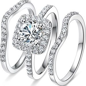 18K White Gold Plated Cubic Zirconia Three-in-One Halo Set